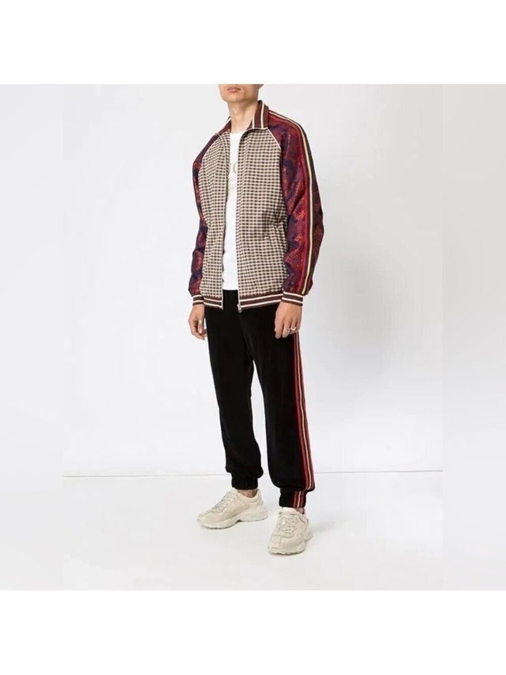 Nwt GUCCI MICRO-CHECK AND FLORAL PAISLEY-PRINT VELVET TRACK JACKET